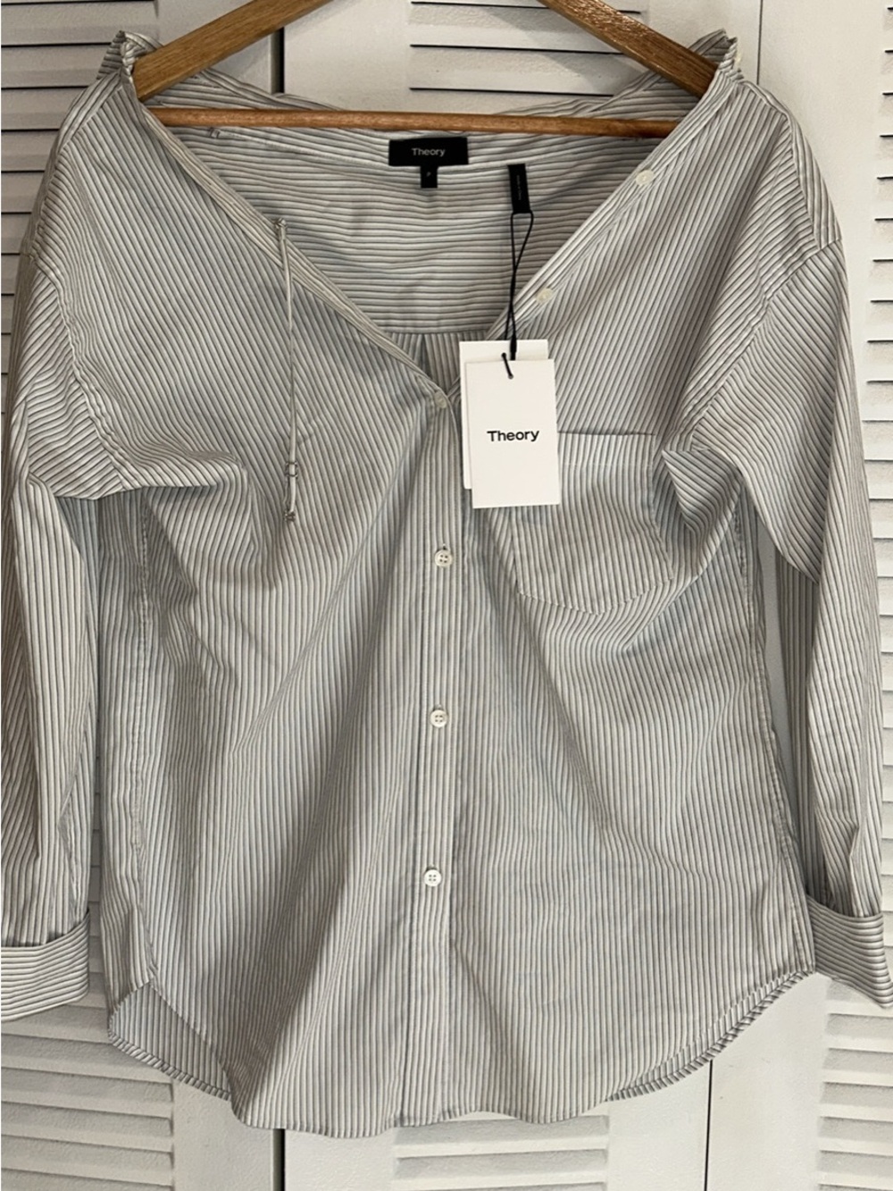 Theory Women’s White and Gray Pinstripe Button-Down Shirt